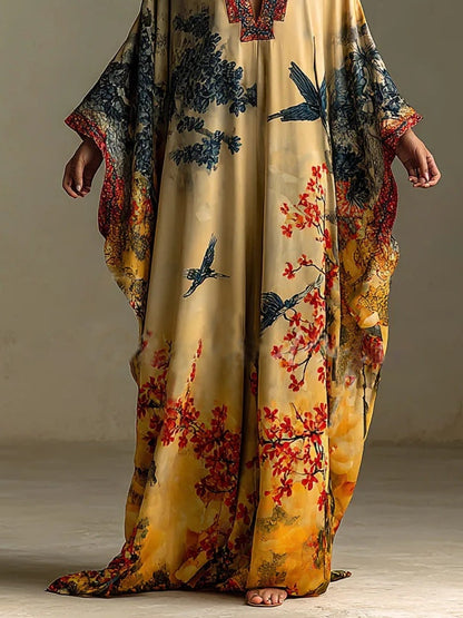 Red Maple Blossom And Bird Art Print Batwing Sleeve Long Robe Dress