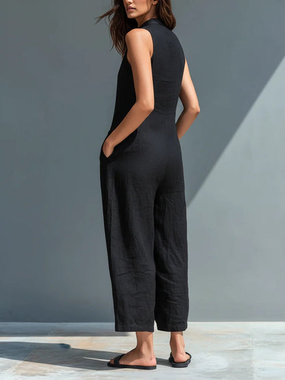Black Minimalist Faux Linen Button-down Collar Sleeveless Loose-fitting Jumpsuit