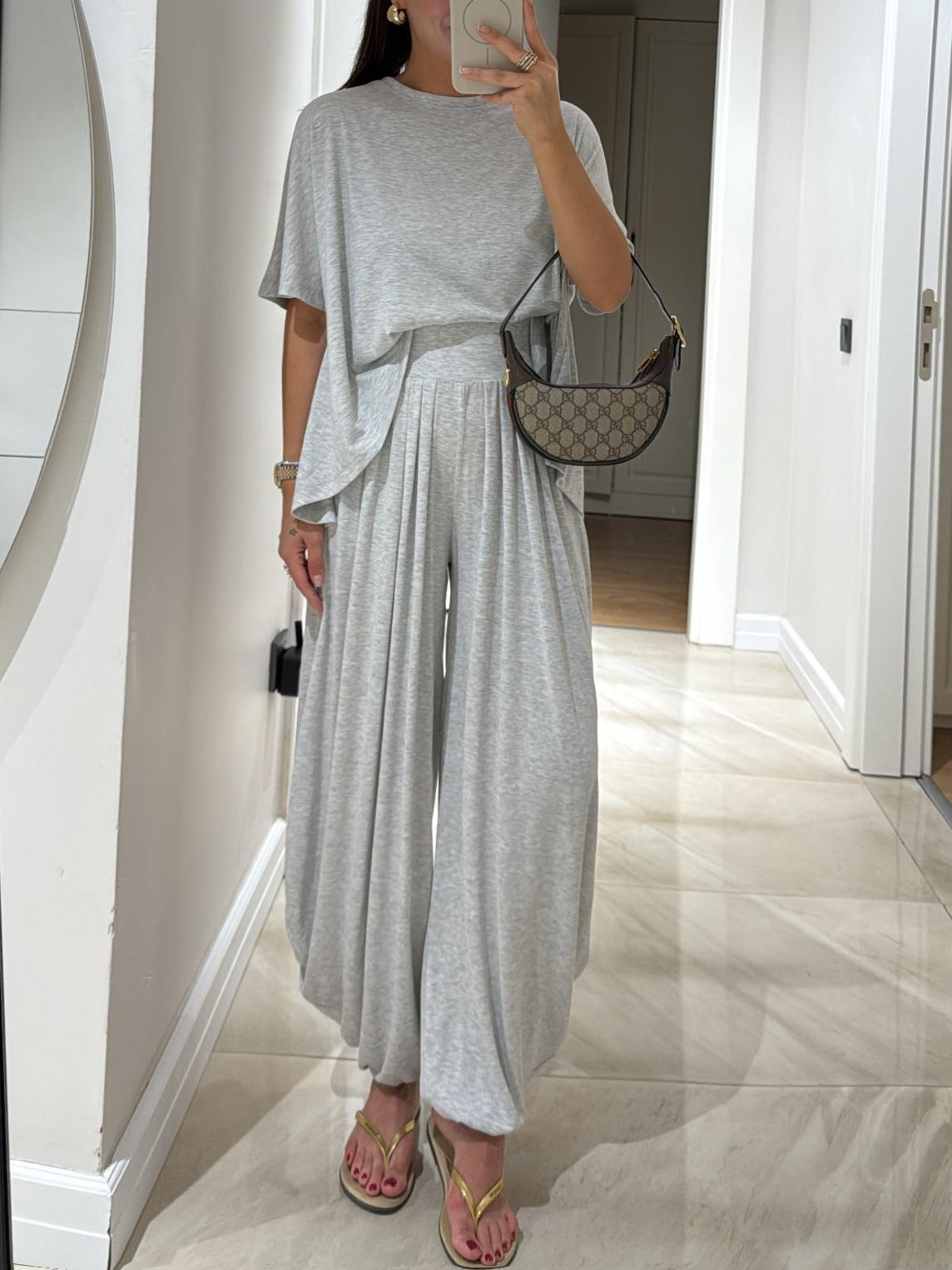 Light Grey Casual Top and Wide-leg Pants Set - Seldom Seen Styles