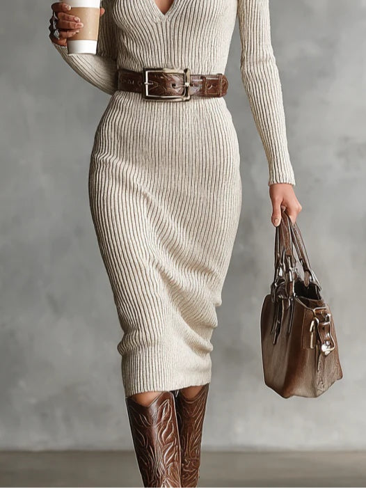 Slim Fit Half Turtleneck V-Neck Long Sleeve Knitted Belted Midi Dress（with belt）