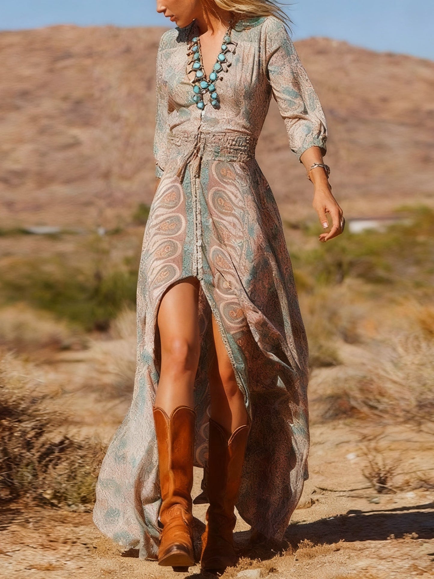 Western Style Boho Print Slit Maxi Dress