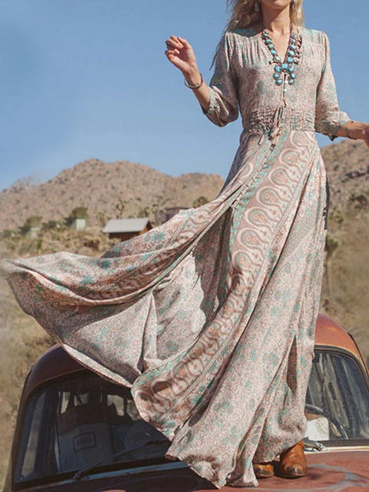 Western Style Boho Print Slit Maxi Dress