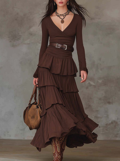 Brown Retro V-neck Multi-layered Ruffled Maxi Dress