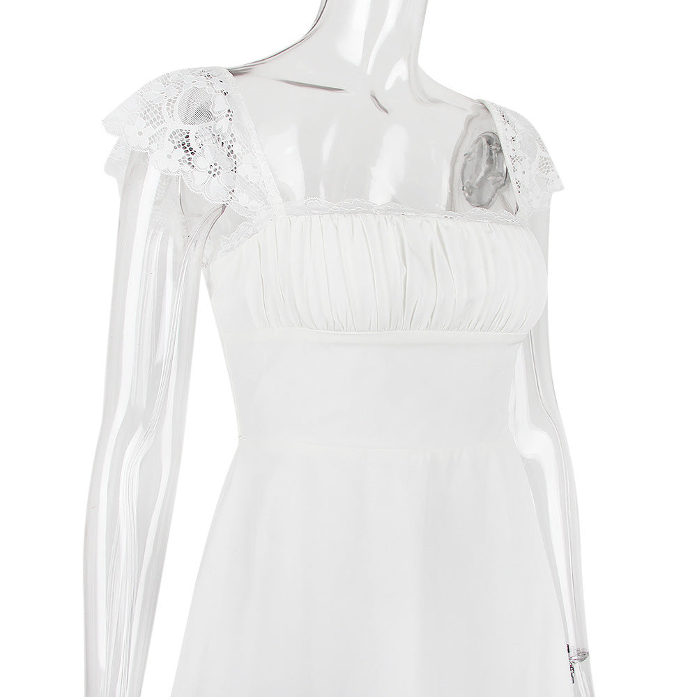 Lace Hem Square Collar Corset Pleated Mini Dress White