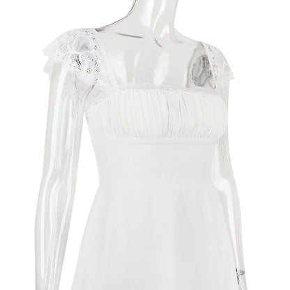 Lace Hem Square Collar Corset Pleated Mini Dress White