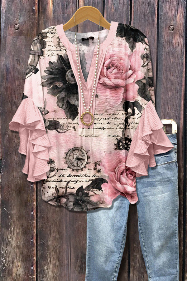 Retro Floral Print Layered Ruffle Sleeve Top Going Outfits Blouses Women Vintage 90s Tops Funny Shirts Women Elegant Classy Tops cute summer outfit
