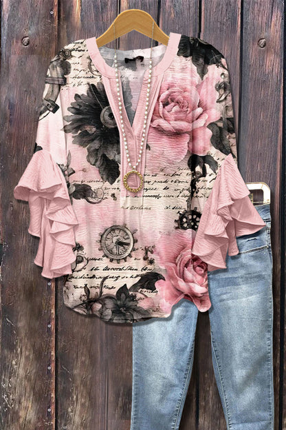 Retro Floral Print Layered Ruffle Sleeve Top Going Outfits Blouses Women Vintage 90s Tops Funny Shirts Women Elegant Classy Tops cute summer outfit