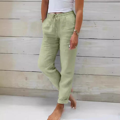 Womens Tapered Pants Cotton Linen Drawstring Back Elastic Waist Pants Casual Trousers with Pockets - Seldom Seen Styles