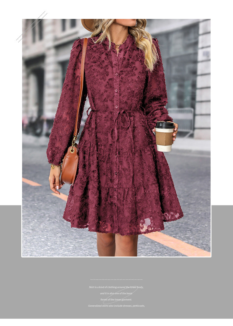 Womens Long Sleeve Fall Dresses 2024 Button Up Empire Waist with Belt A-Line Mini Dress Casual Fall Winter Dress