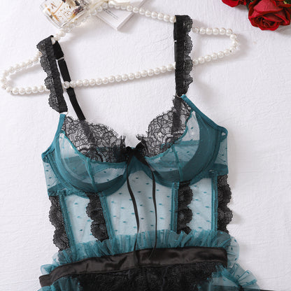 Sexy Color-Block Mesh See-Through Lingerie Hollow Out Backless No-Remove Temptation Erotic Bodysuit with Underwire