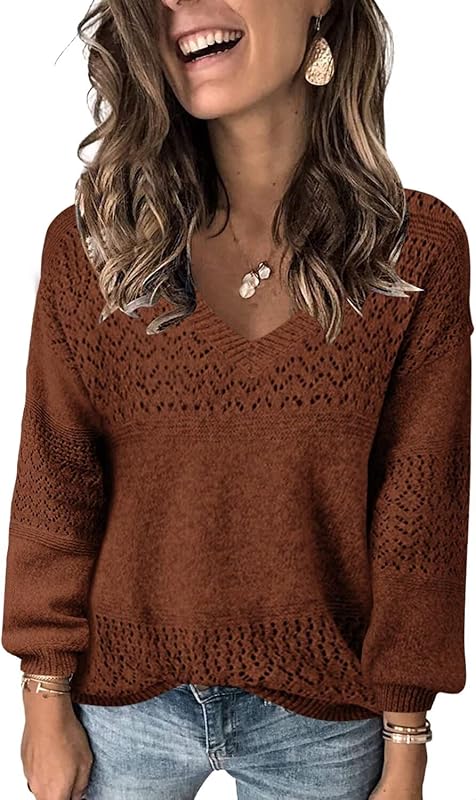 Womens Sweaters 2025 Fall V Neck Long Sleeve Hollow Knit Pullover Sweaters for Women - Seldom Seen Styles