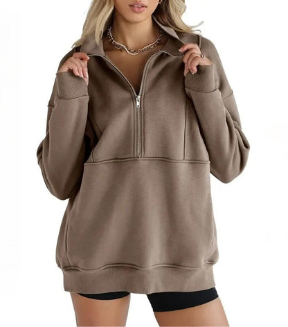 Women's Half Zip Sweatshirts Fleece Stand Collar Long Sleeve Thumb Hole Oversized Pullovers with Pockets - Seldom Seen Styles