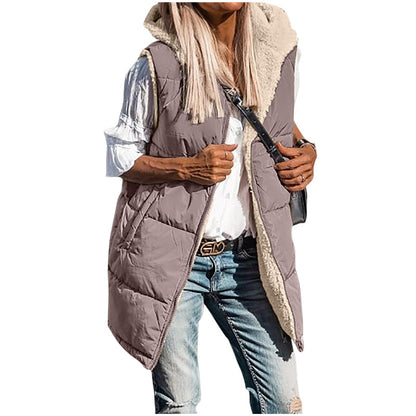 Women's Warm Reversible Vests Sleeveless Fleece Basic Jacket Zip Up Coat Long Outerwear With Pockets And Hoodie Casual Outfit#Hoodieing - Seldom Seen Styles