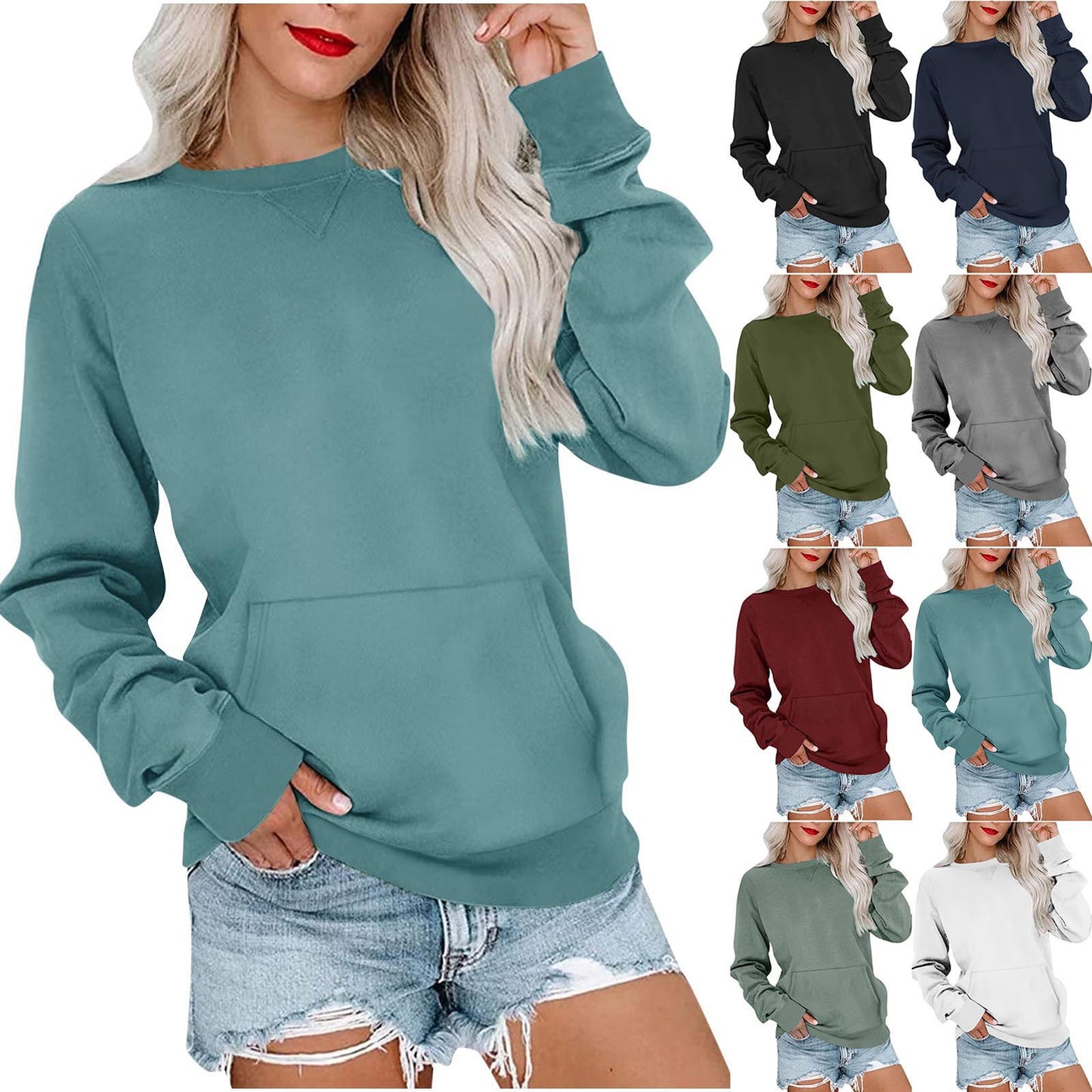 Women's Crewneck Hoodless Sweatshirt With Kangaroo Pocket Fleece Longsleeve Oversized Casual Style Shirt Lightweight Pullover - Seldom Seen Styles