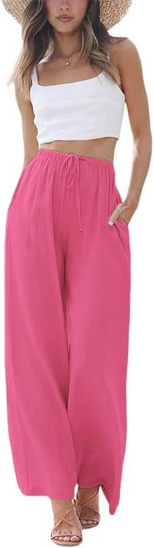 Women's Linen Summer Palazzo Pants Flowy Wide Leg Beach Pants with Pockets - Seldom Seen Styles
