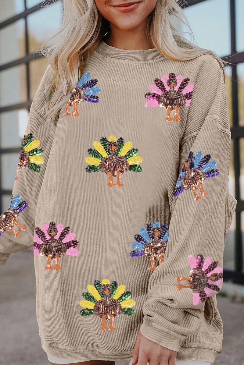 Women's Thanksgiving Sweatshirt with Sequin Turkey Graphic Corded Baggy Long Sleeve Winteroutfit Round Neck Casual Tops for Comfortable Wear - Seldom Seen Styles