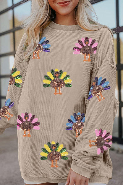 Women's Thanksgiving Sweatshirt with Sequin Turkey Graphic Corded Baggy Long Sleeve Winteroutfit Round Neck Casual Tops for Comfortable Wear - Seldom Seen Styles