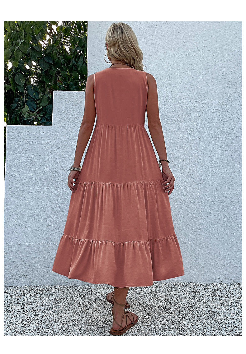 Summer Flowy Maxi Dress with Pockets Sleeveless Loose Casual Sundress V-Neck Tiered Sun Dress for Beach Cruise Vacations