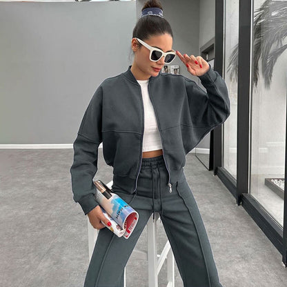 Sporty Two-piece Set Women's Plain Mock Neck Zip Up Jacket & Pocket Drawstring Waist Sweatpants Sports Sweat Suit, Sports Cozy Breathable Outfits Tracksuits for Daily Outdoor Wear, Tracksuit Set, Ladies Sportswear for All Seasons