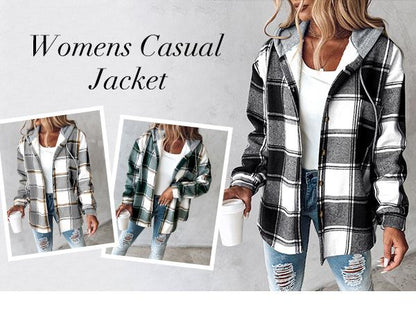 Women's Plaid / Houndstooth Print Button Front Hooded Coat, Casual Longsleeves Pocket Coat for Fall & Winter, Ladies Outerwear for Daily Wear, Womenswear - Seldom Seen Styles