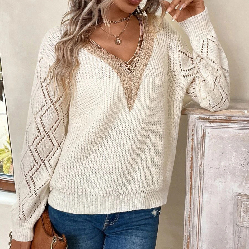 Womens Long Sleeve Sweaters Fall 2024 Trendy Sexy Lace V Neck Knit Drop Shoulder Pullover Sweater Jumper Tops - Seldom Seen Styles