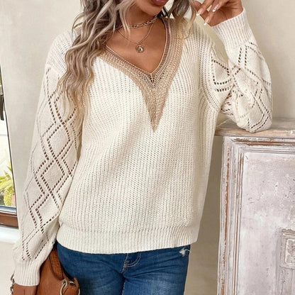 Womens Long Sleeve Sweaters Fall 2024 Trendy Sexy Lace V Neck Knit Drop Shoulder Pullover Sweater Jumper Tops - Seldom Seen Styles