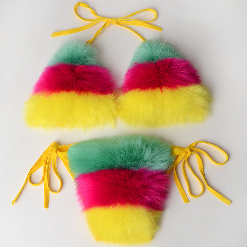 Women Summer Sexy 2 Piece Bikini Set Faux Fur Rainbow Striped Halter Swimsuit Tie Side Bottom Bralette Plush Bathing Suit Party Clubwear