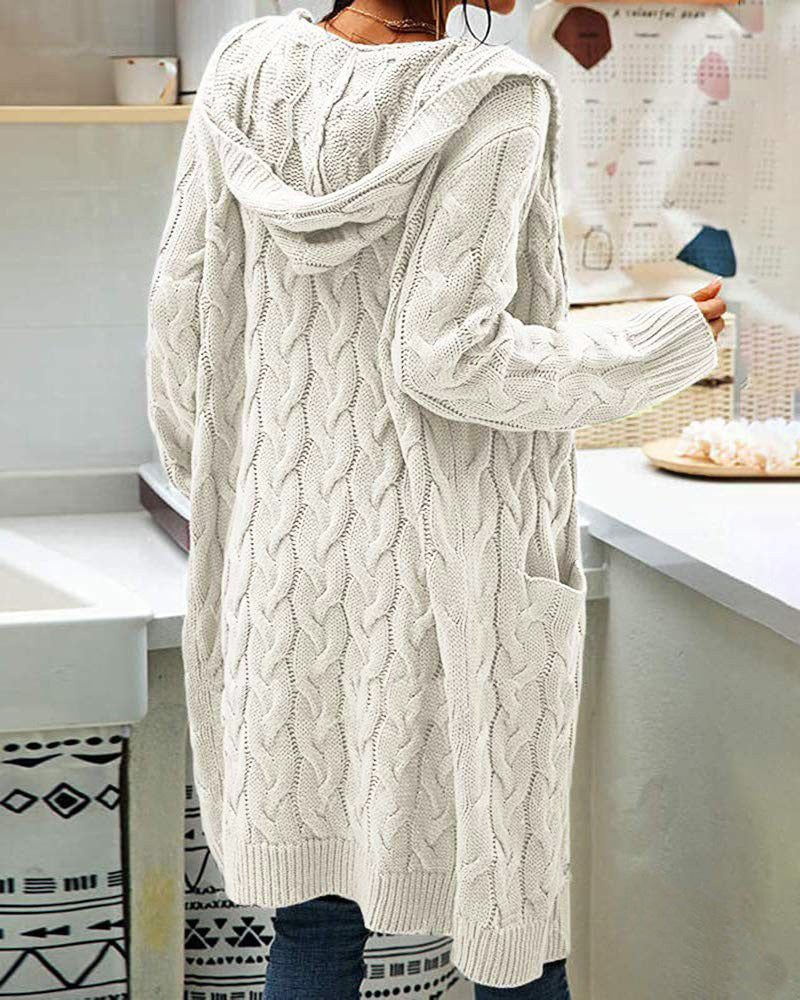Women's Pocket Drop Shoulder Cardigan, Hooded Long Sleeve Warm Top, Casual Textured Knit Open Front Cable Outwear, Sweaters for Women
