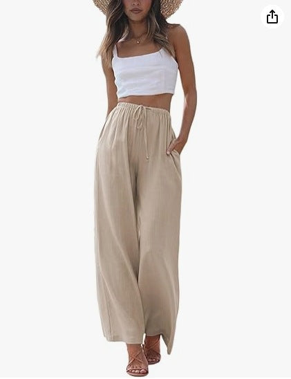 Women's Cotton Linen Summer Palazzo Pants Flowy Wide Leg Beach Trousers with Pockets Casual Womenswear