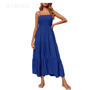 Women's Summer Midi Dress 2025 Casual Boho Sleeveless Spaghetti Strap Smocked Tiered Long Beach Sundresses