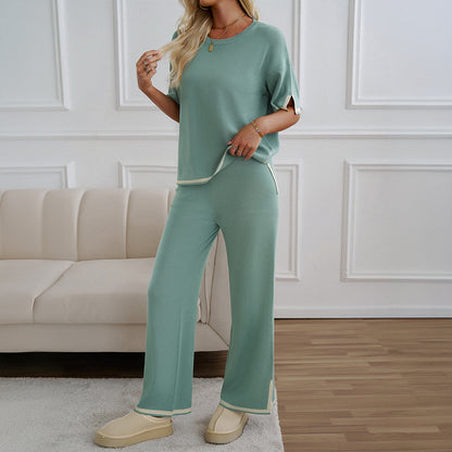 Women's 2-Piece Lounge Set - Black Knit Tracksuit with Short Sleeve Top & Wide Leg Pants - Soft Stretchy Homewear for Casual Wear - Seldom Seen Styles