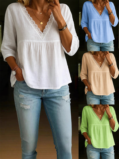 Women’s Lace Crochet V Neck Shirt Lantern Long Sleeve Pleated Tunic Casual Loose Fit Blouse Top - Seldom Seen Styles