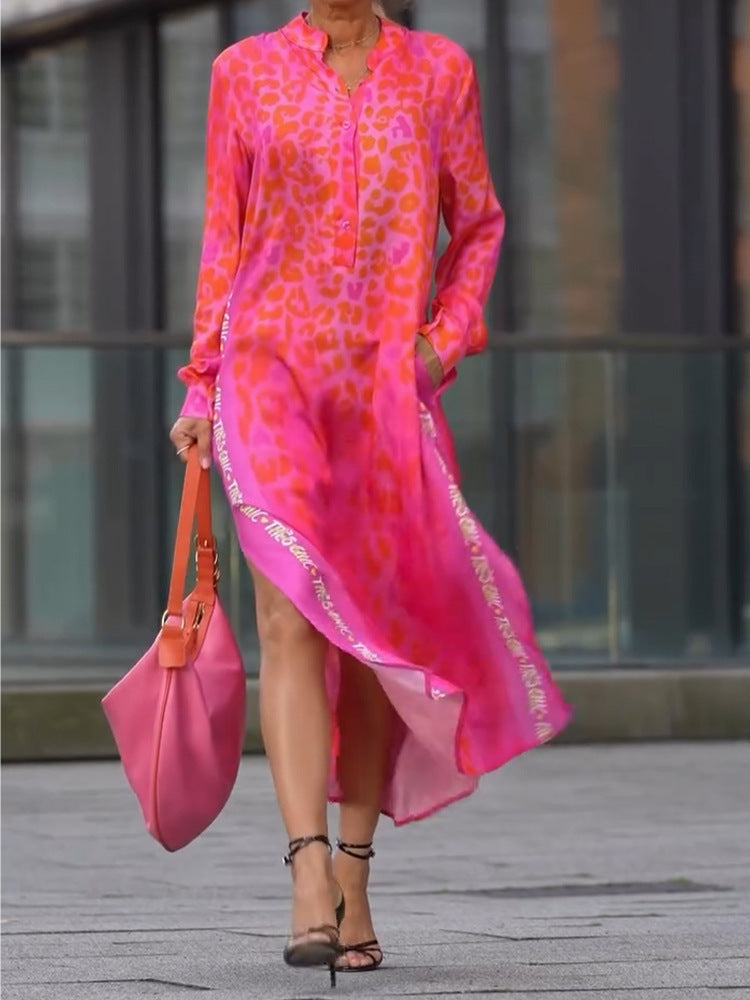 Women's Leopard Print Long Sleeve Split Maxi Dress V Neck Button Flowy Long Dress with Pockets Fashion Streetwears - Seldom Seen Styles