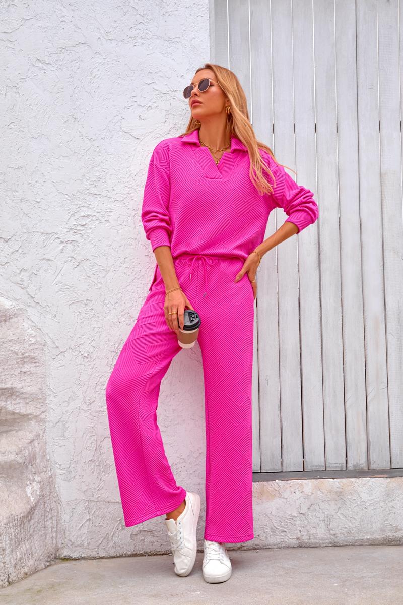 Women 2-Piece Outfit 2025 Fall Winter Lapel V Neck Long Sleeve Pullover and Wide Leg Pants Lounge Sets Pockets #Outdoorfun - Seldom Seen Styles