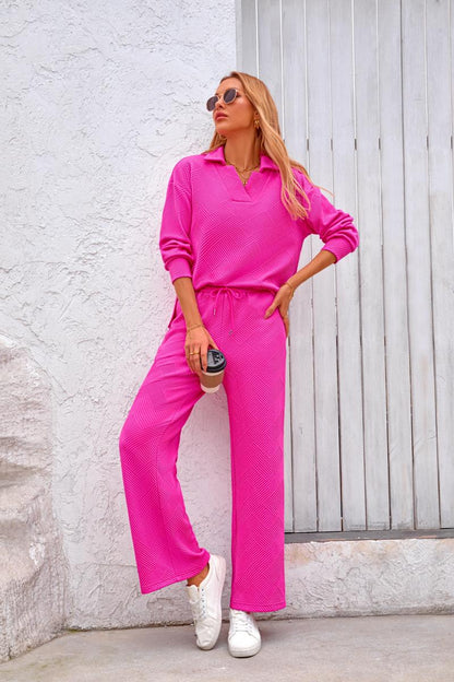 Women 2-Piece Outfit 2025 Fall Winter Lapel V Neck Long Sleeve Pullover and Wide Leg Pants Lounge Sets Pockets #Outdoorfun - Seldom Seen Styles