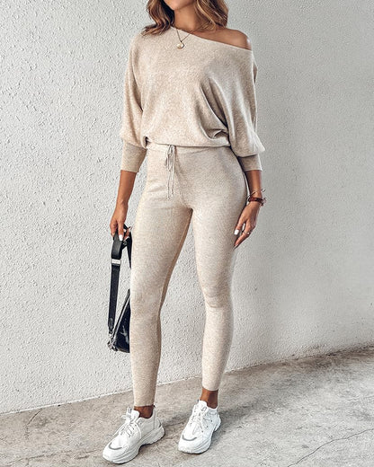 2 Piece Lounge Outfit 2025 Long Sleeve Knit Pullover Tops Drawstring Pants Set Tracksuit Sweatsuit - Seldom Seen Styles