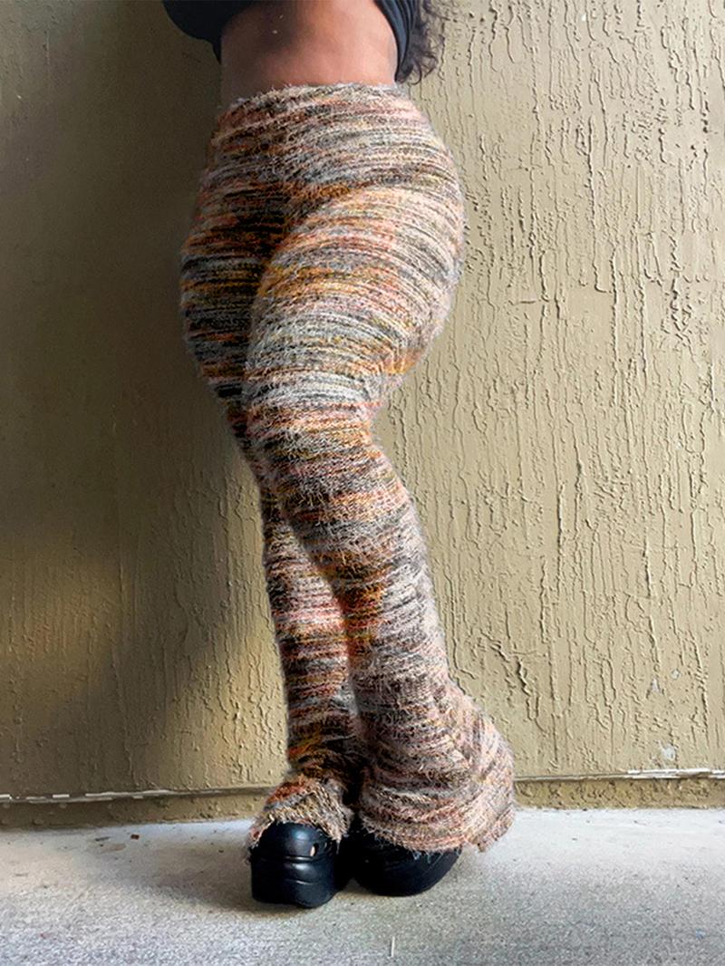 Women's Striped Print Flare Leg Fuzzy Sweater Pants, Casual Street Comfy Knit Bell Bottom Trousers For Fall & Winter, Women's Knitwear For Daily Wear - Seldom Seen Styles