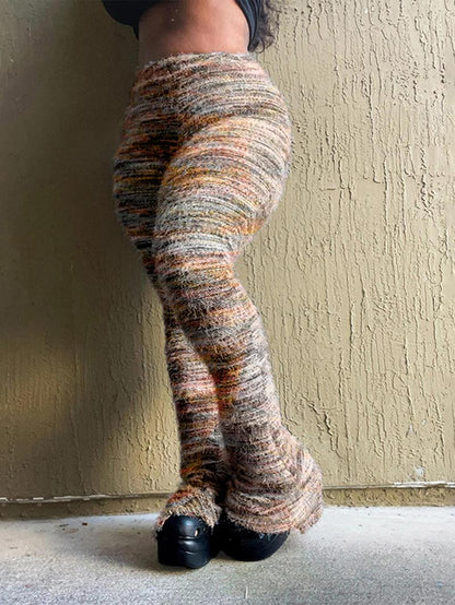 Women's Striped Print Flare Leg Fuzzy Sweater Pants, Casual Street Comfy Knit Bell Bottom Trousers For Fall & Winter, Women's Knitwear For Daily Wear - Seldom Seen Styles