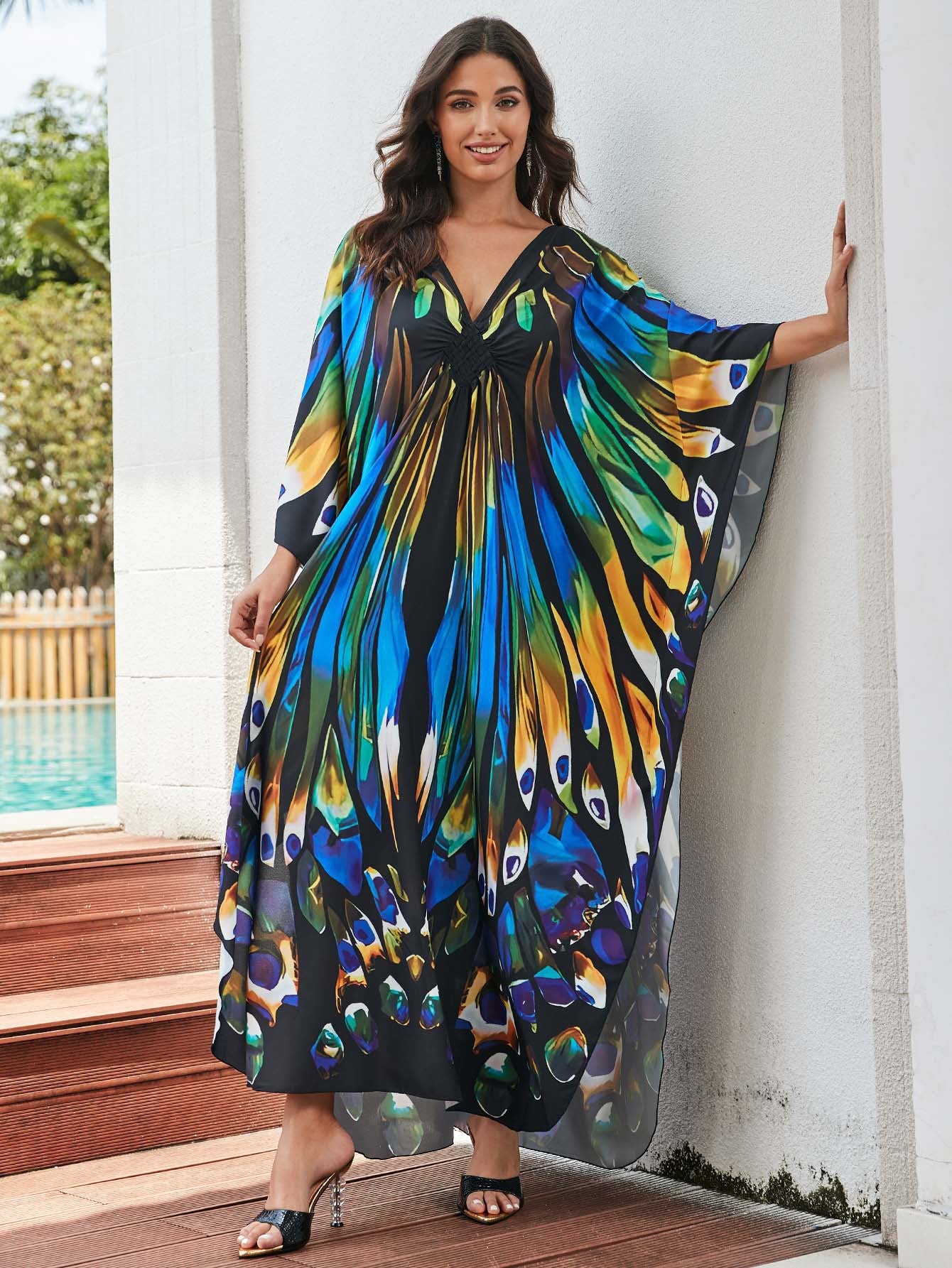 [Plus Size] Butterfly/feather Print Ruched Split Hem Tunic Dress, Valentine's Day Elegant Batwing Sleeve V Neck Long Dress for Summer, Casual Womenswear, Gift, Homecoming Dresses, Women's Clothes for Beach Holiday Vacation, Moo Moo Dresses