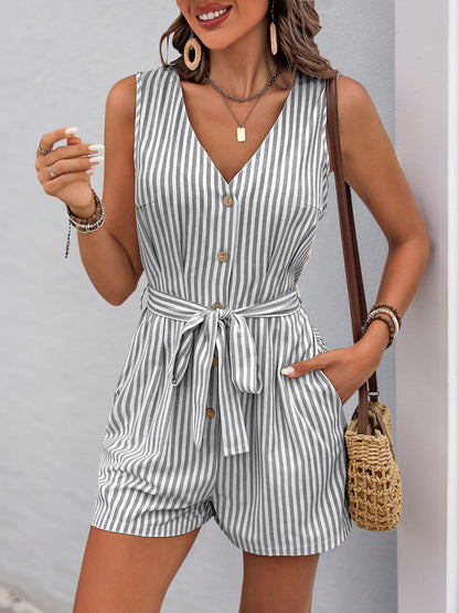 Women's Romper Woven V Neck Sleeveless Waist Tie Wide Leg Stripes Belted Jumpsuit Outfit Casual Dressy