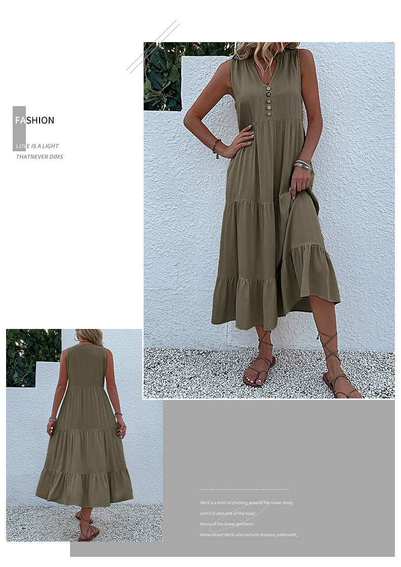 Summer Flowy Maxi Dress with Pockets Sleeveless Loose Casual Sundress V-Neck Tiered Sun Dress for Beach Cruise Vacations