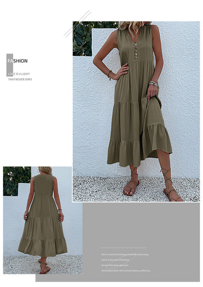 Summer Flowy Maxi Dress with Pockets Sleeveless Loose Casual Sundress V-Neck Tiered Sun Dress for Beach Cruise Vacations