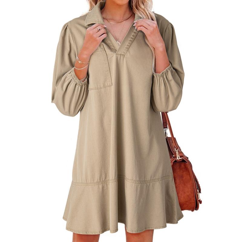 Denim Dress for Women Fashion Fall Casual Babydoll 2025 V Neck 3/4 Puff Sleeve Jean Dresses - Seldom Seen Styles