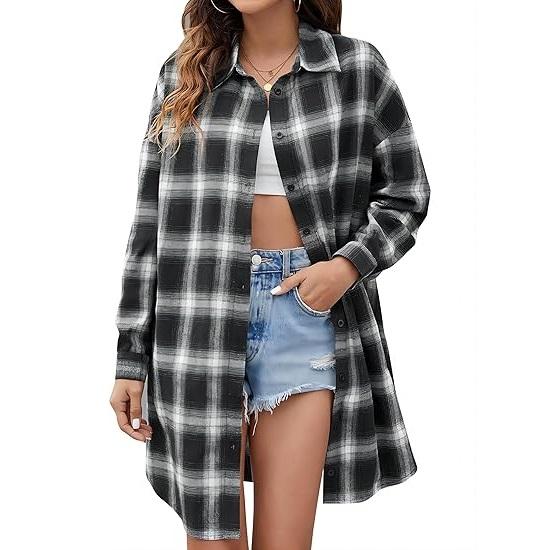 Women's Button Down Flannel Shirts Plaid Shacket Long Sleeve Collared Long Jacket Coats #Springtok - Seldom Seen Styles
