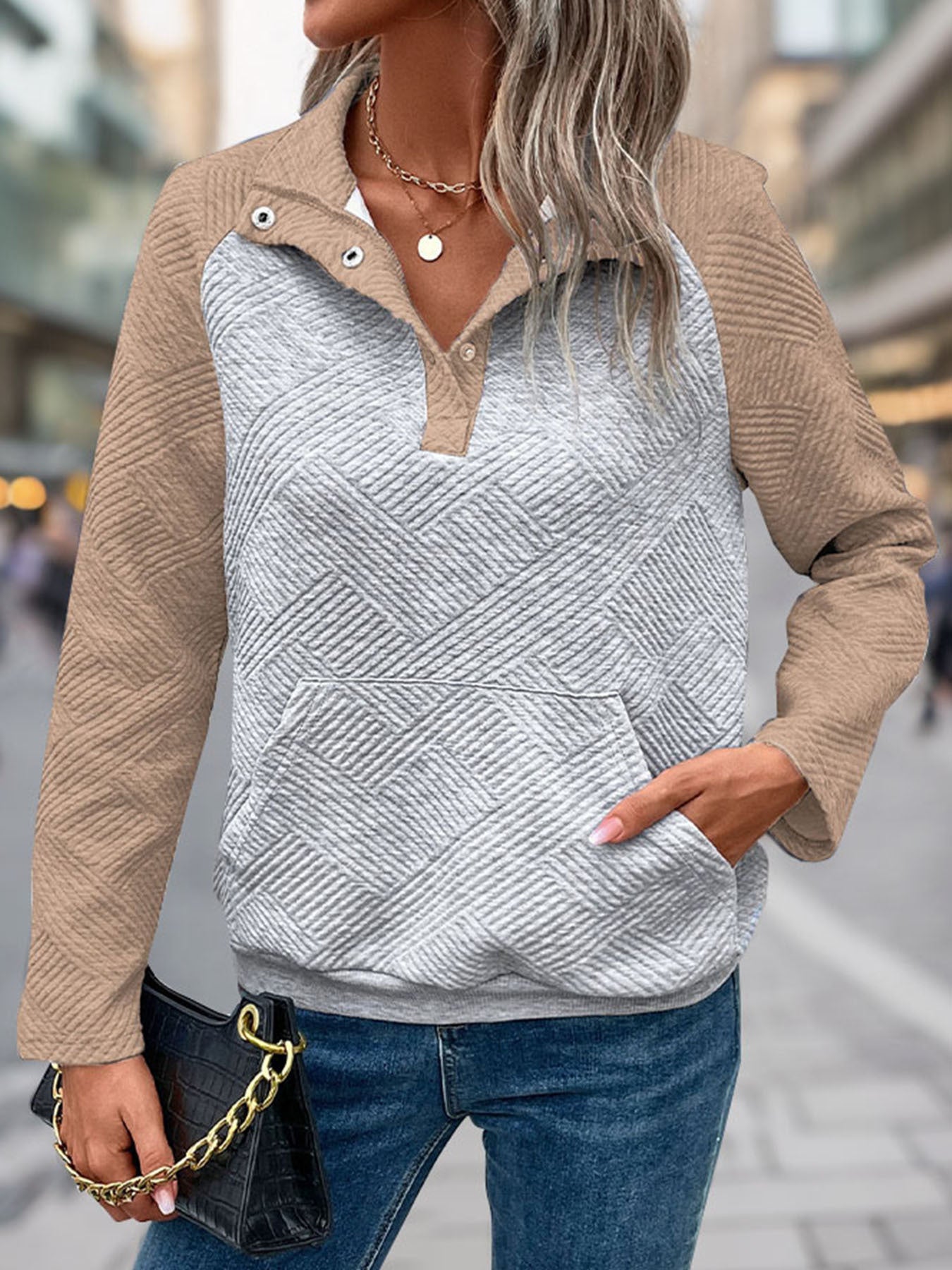 Womens Sweatshirt Casual Textured Long Sleeve Henley Button V Neck Loose Pullover 2025 Trendy Fall Outfits Tops