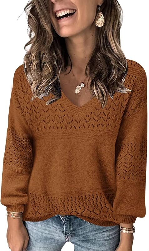 Womens Sweaters 2025 Fall V Neck Long Sleeve Hollow Knit Pullover Sweaters for Women - Seldom Seen Styles