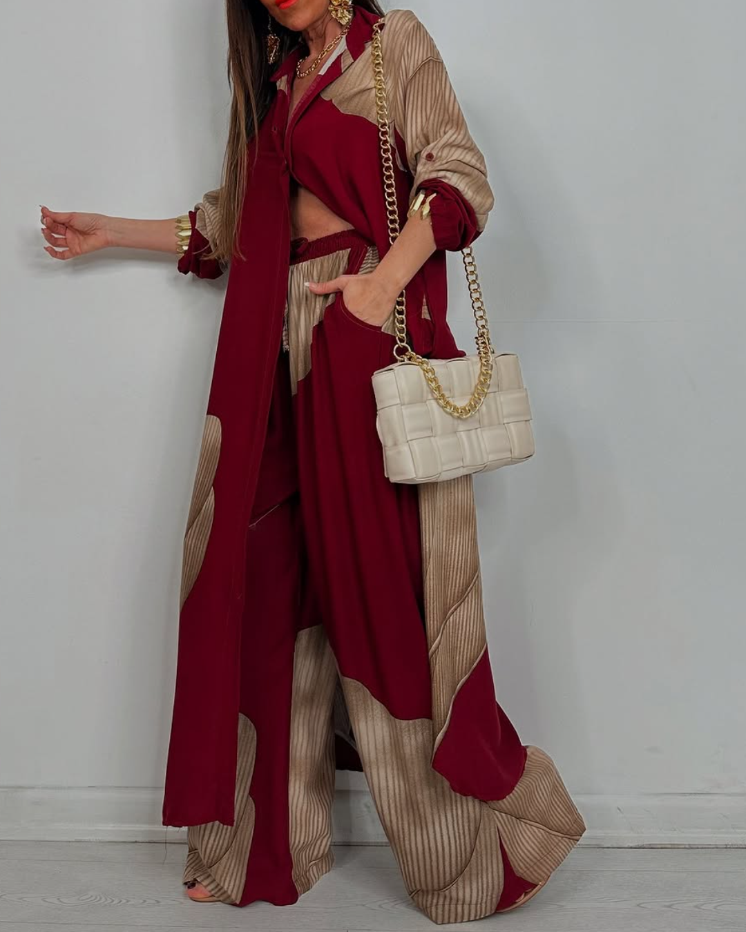 Women's V-neck Patchwork Printed Top and Pants Commuting Casual Suit - Seldom Seen Styles