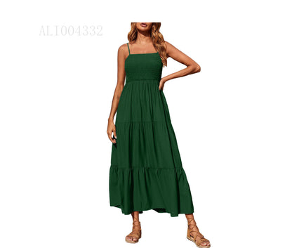 Women's Summer Midi Dress 2025 Casual Boho Sleeveless Spaghetti Strap Smocked Tiered Long Beach Sundresses
