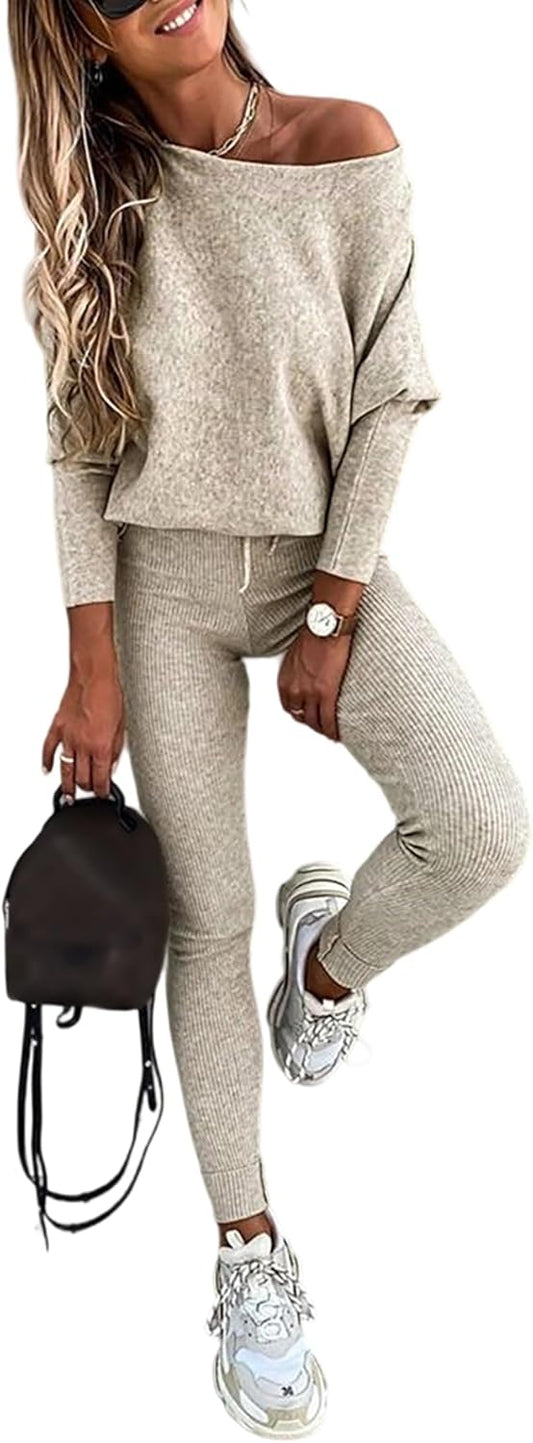 2 Piece Lounge Outfit 2025 Long Sleeve Knit Pullover Tops Drawstring Pants Set Tracksuit Sweatsuit - Seldom Seen Styles