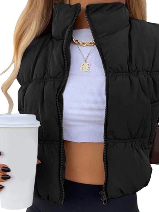 Women's Sleeveless Puffer Vest Zip-Up Stand Collar Trendy Cozy Cropped Outerwear for Stylish Layering - Seldom Seen Styles
